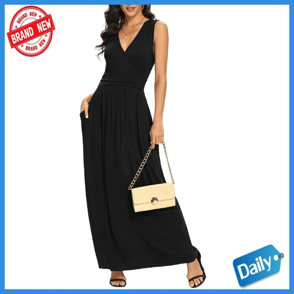 Sleeveless Maxi Dress Rayon Spandex Empire Waist Pockets Formal Casual